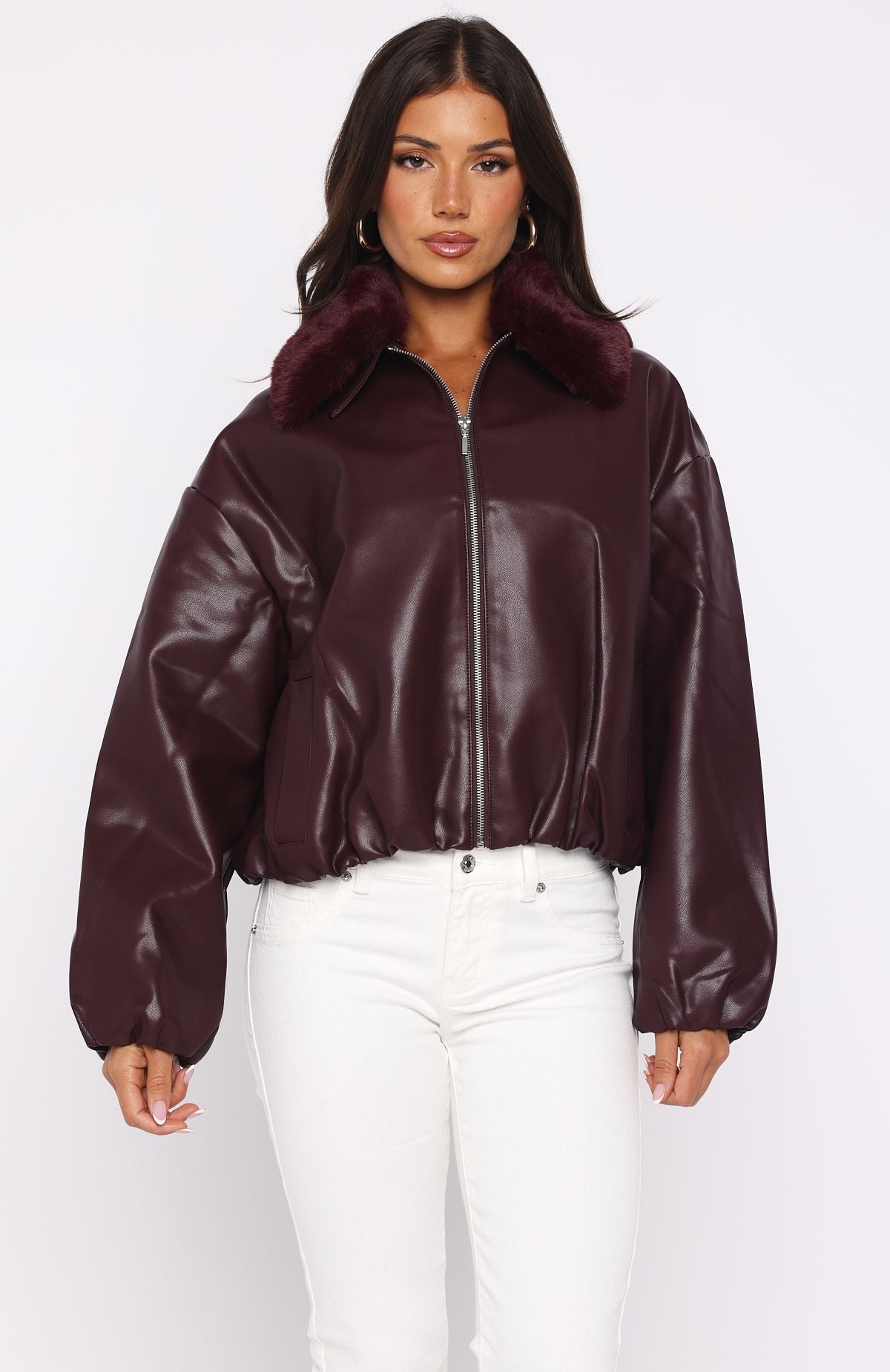 White Fox No Competition PU Bomber Jacket Burgundy
