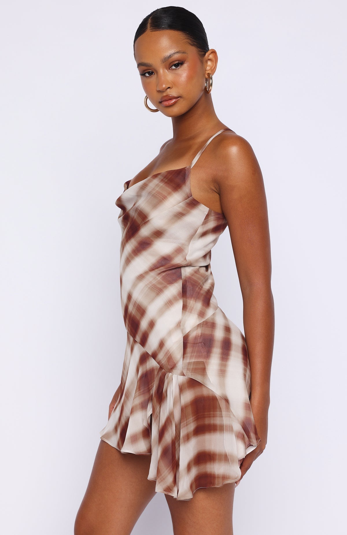 White Fox Personal Touch Cami Mini Dress Chocolate Plaid