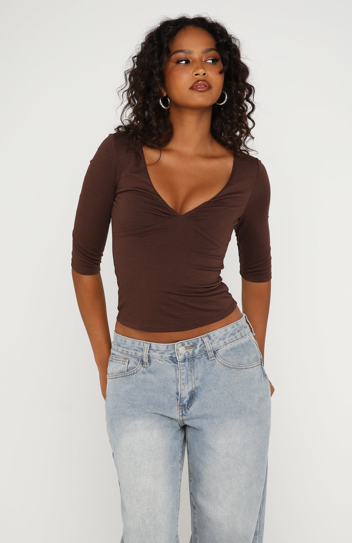 White Fox Little Bit Of Everything 3/4 Sleeve V Neck Top Chocolate