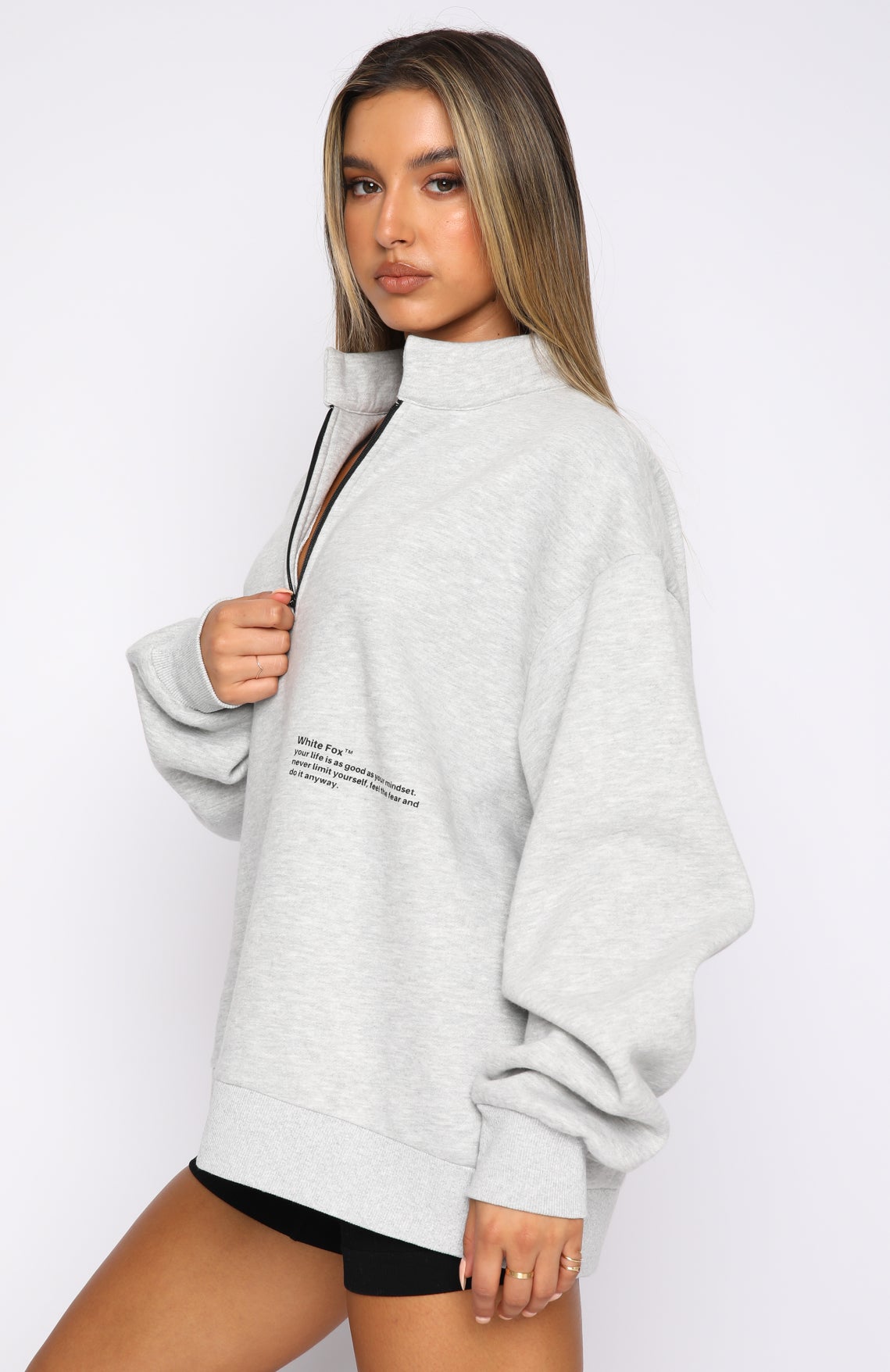 White Fox Caught Up With You Zip Front Sweater Grey Marle