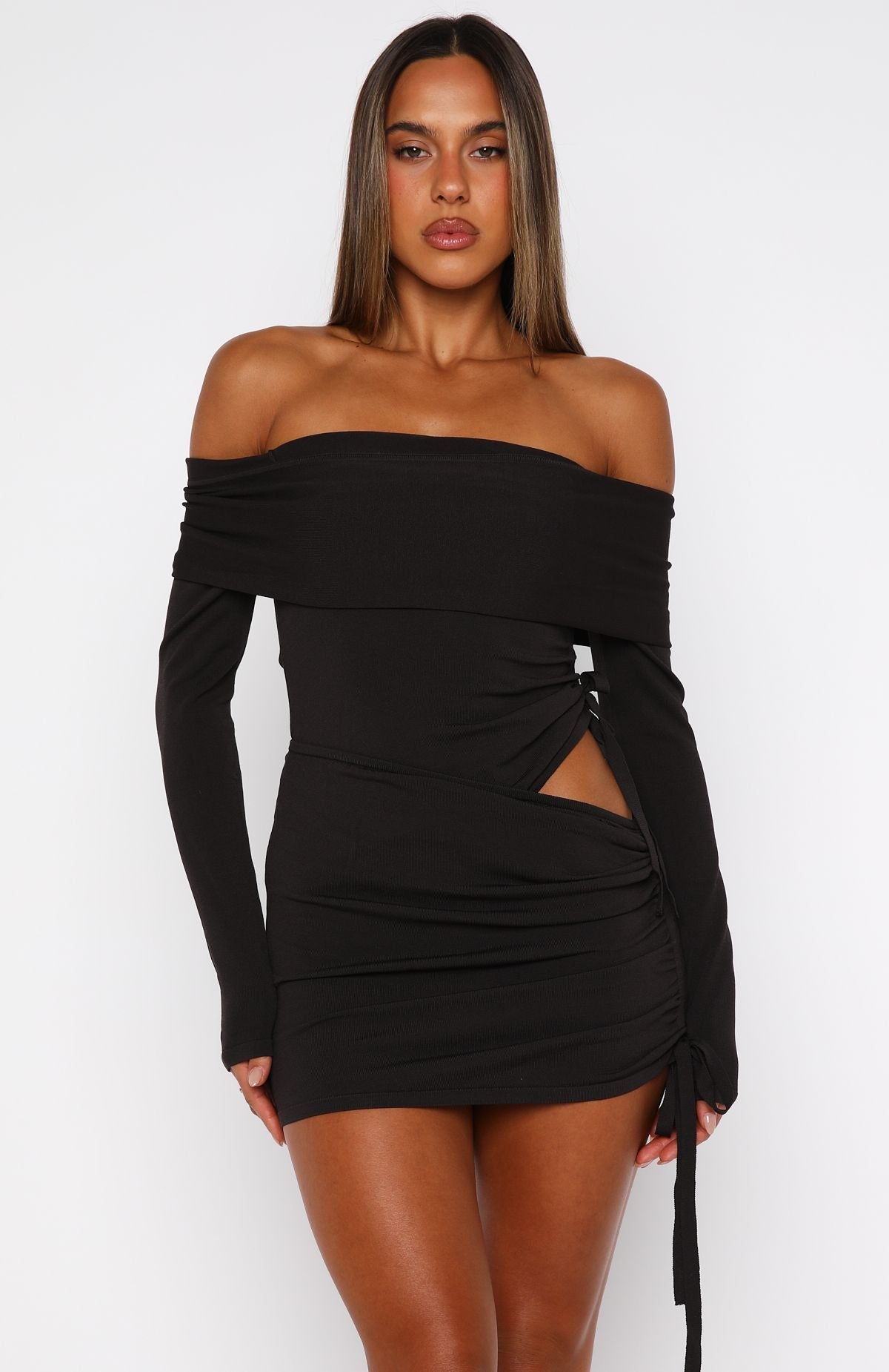 White Fox Sweet Sting Long Sleeve Mini Dress Chocolate