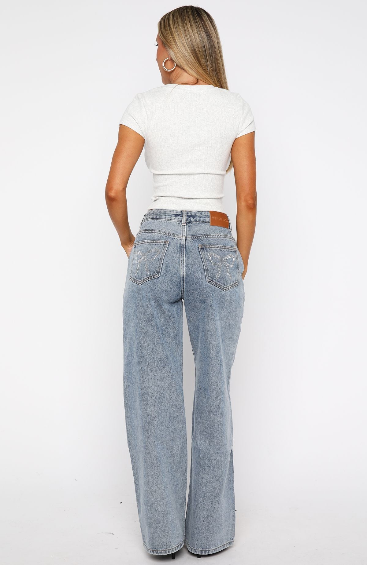 White Fox Bring The Drama Mid Rise Wide Leg Jeans Mid Blue