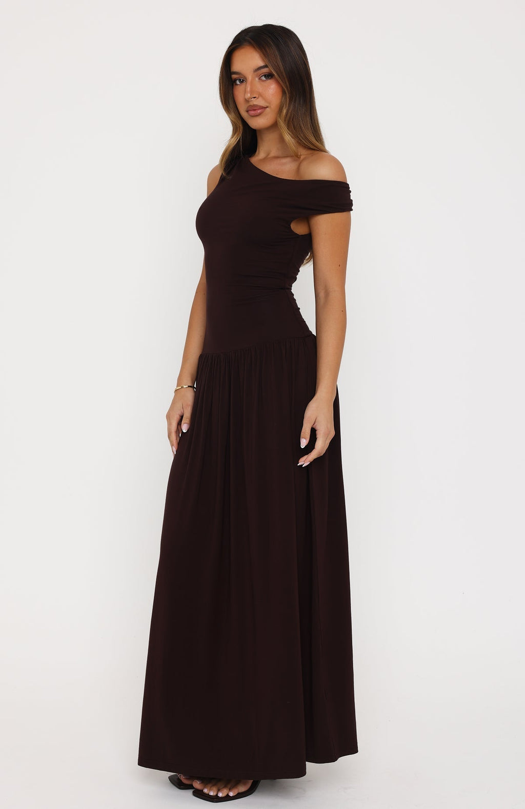 White Fox Don't Ask Off Shoulder Maxi Dress Dark Chocolate