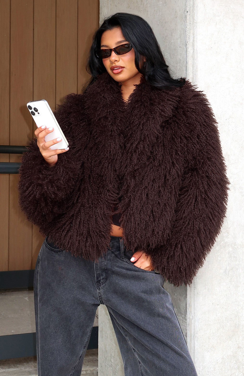 White Fox Weekend Away Faux Fur Jacket Chocolate