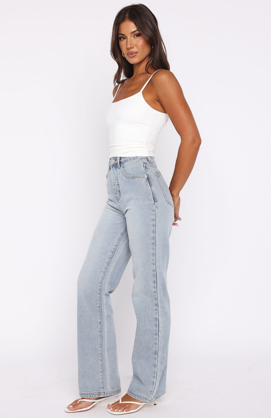 White Fox Alyssa High Rise Straight Leg Jeans Light Blue Wash