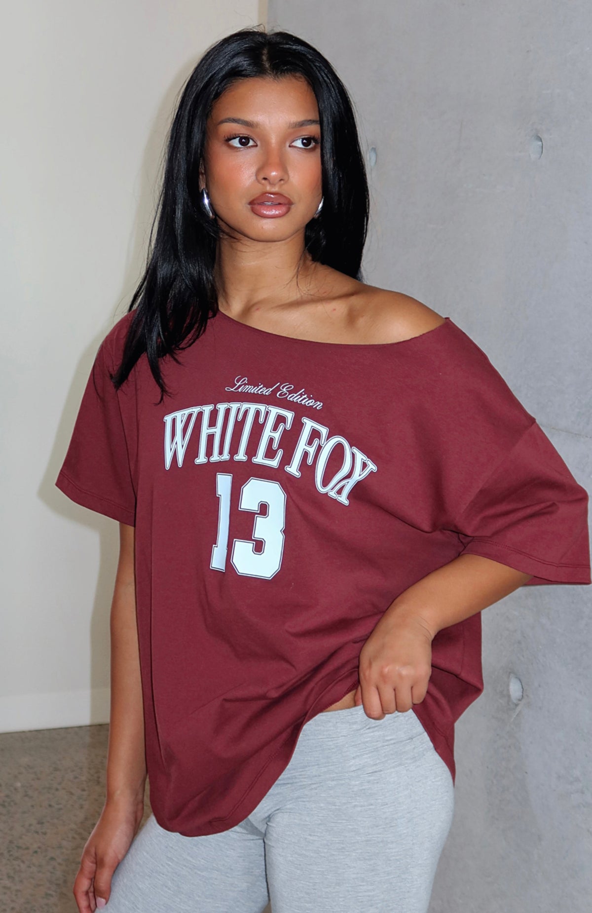 White Fox Everything In Time Off Shoulder Oversized Tee Burgundy