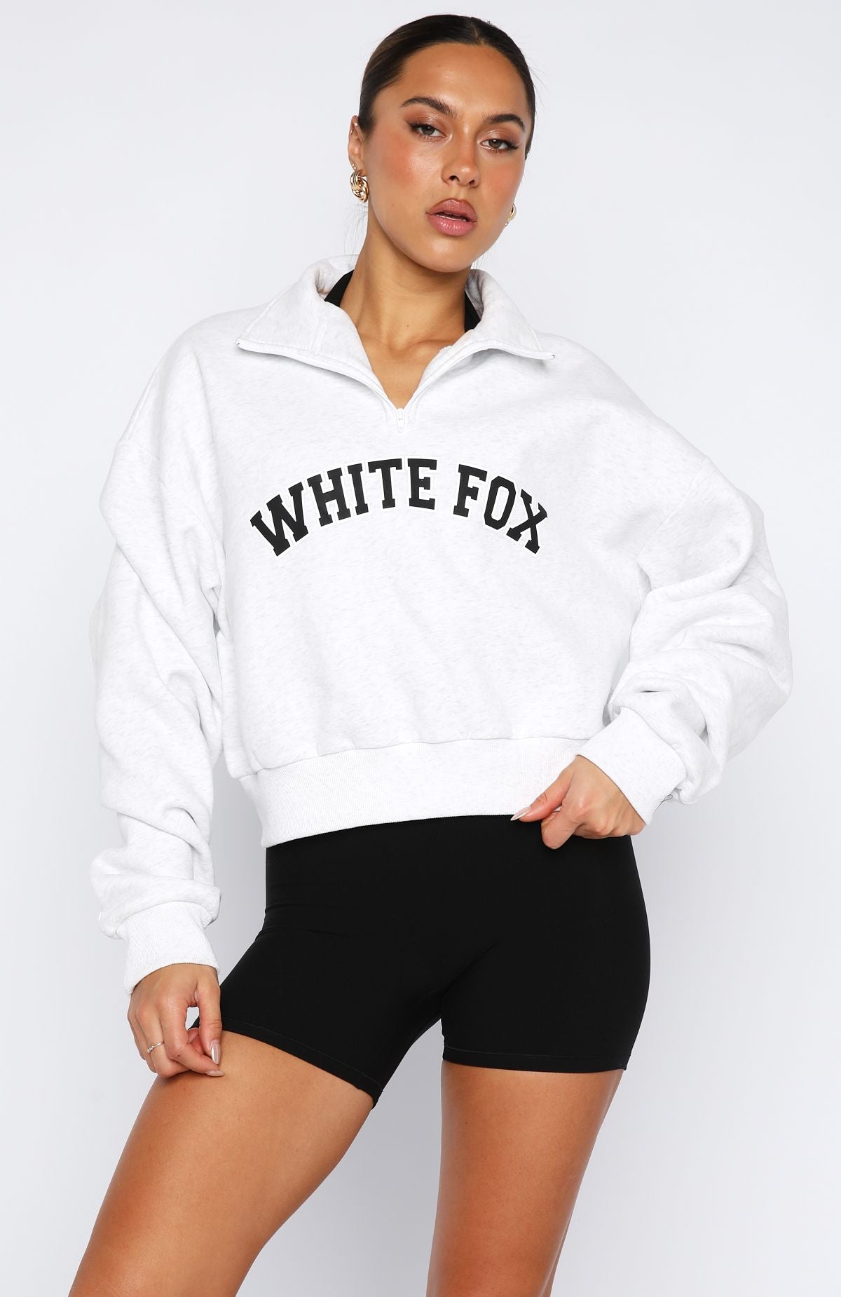 White Fox Let The Bells Ring Cropped Quarter Zip Sweater Grey Marle