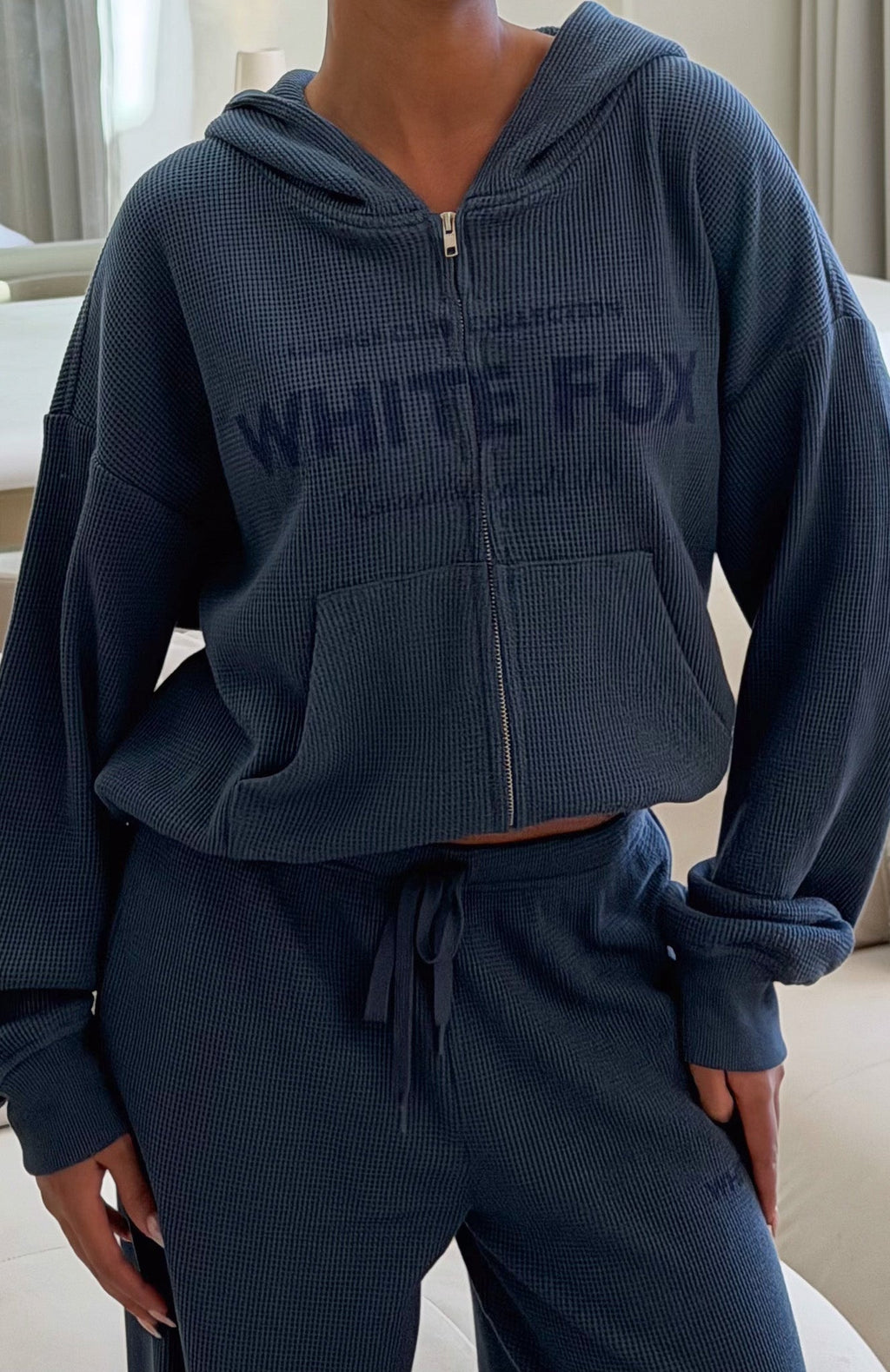 White Fox Leave Me Out Of It Waffle Boxy Zip Front Hoodie Navy