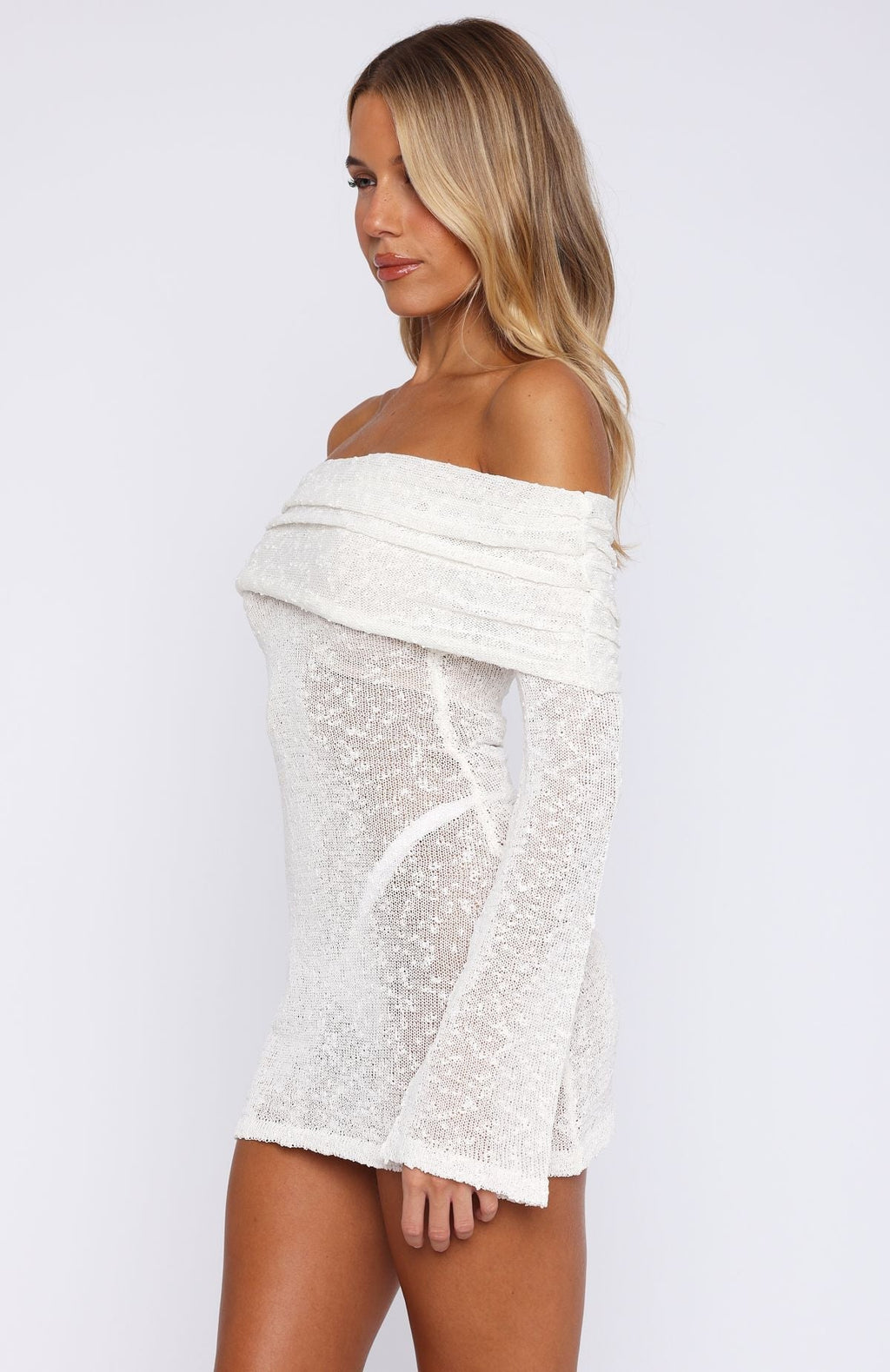 White Fox Can't Leave Me Long Sleeve Boucle Mini Dress White
