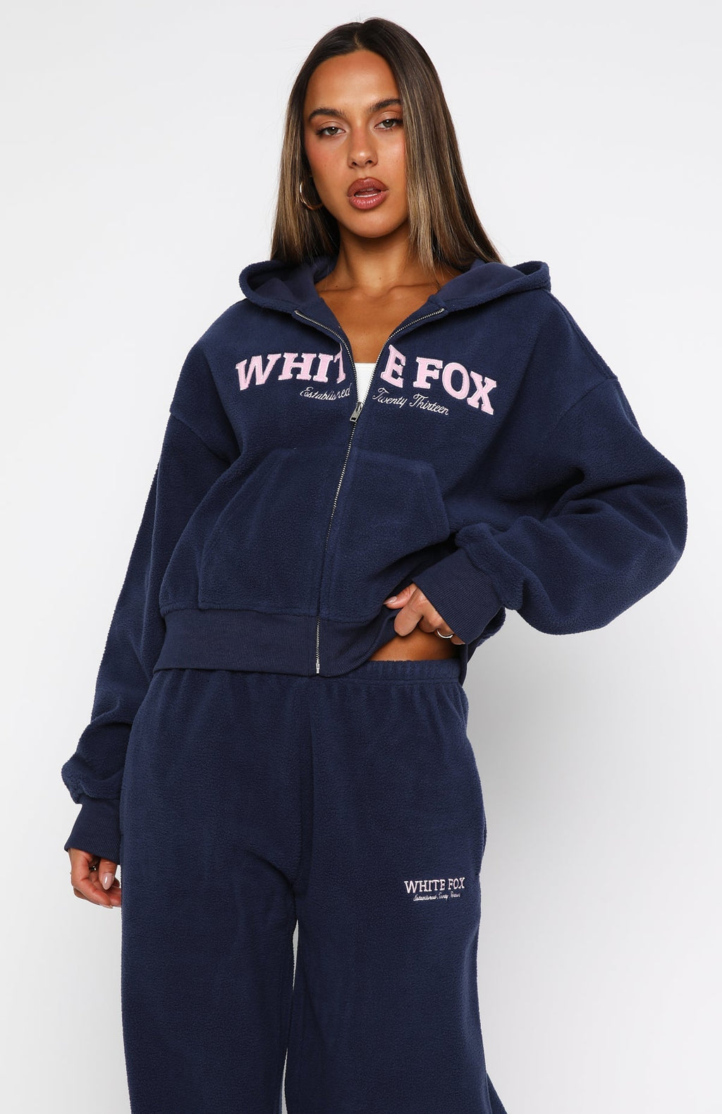 White Fox Just For Now Fleece Boxy Zip Front Hoodie Navy