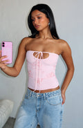 White Fox Glow Season Beaded Strapless Top Baby Pink