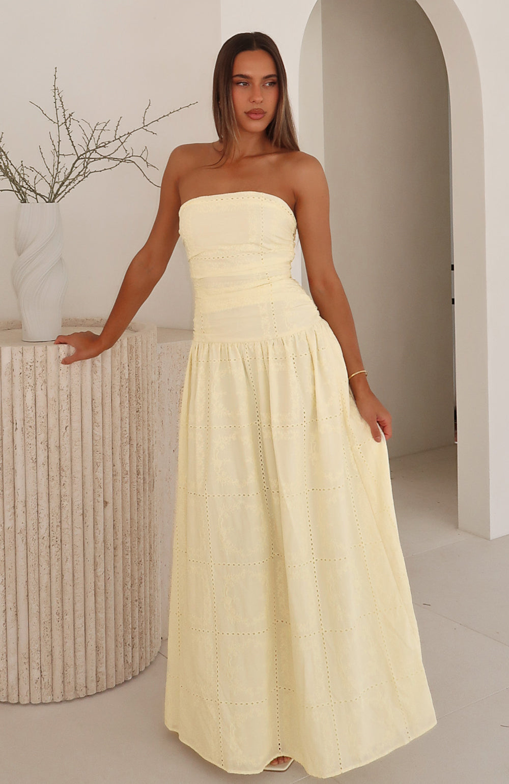 White Fox Bittersweet Babe Strapless Broderie Maxi Dress Butter