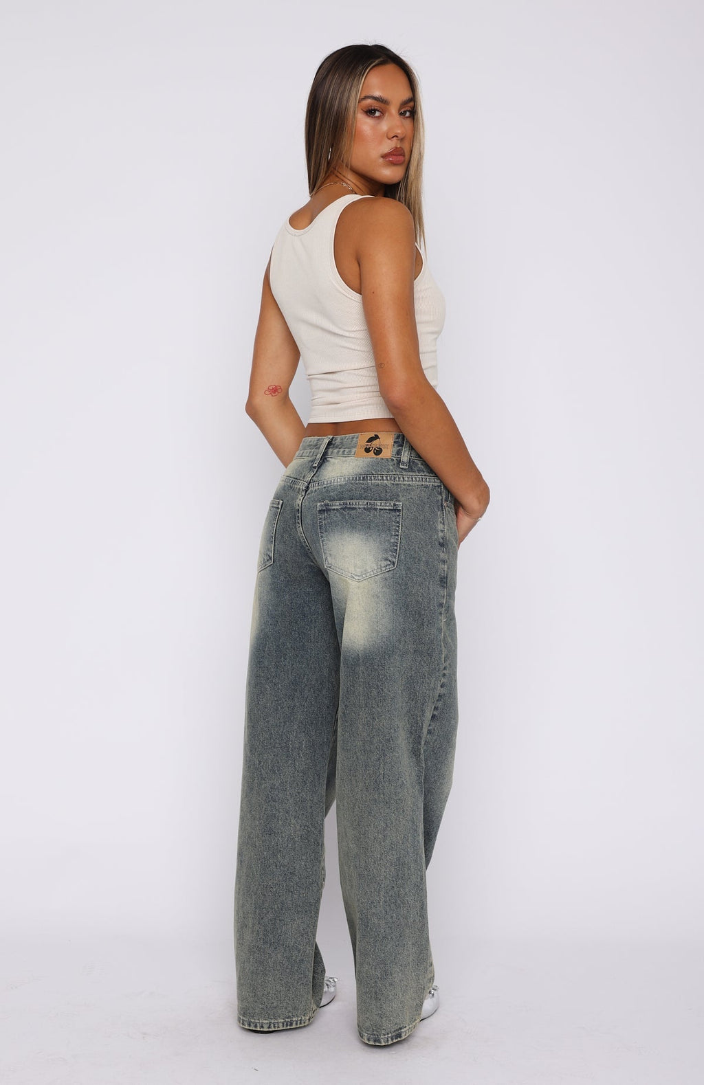 White Fox Bring The Style Low Rise Wide Leg Jeans Sand