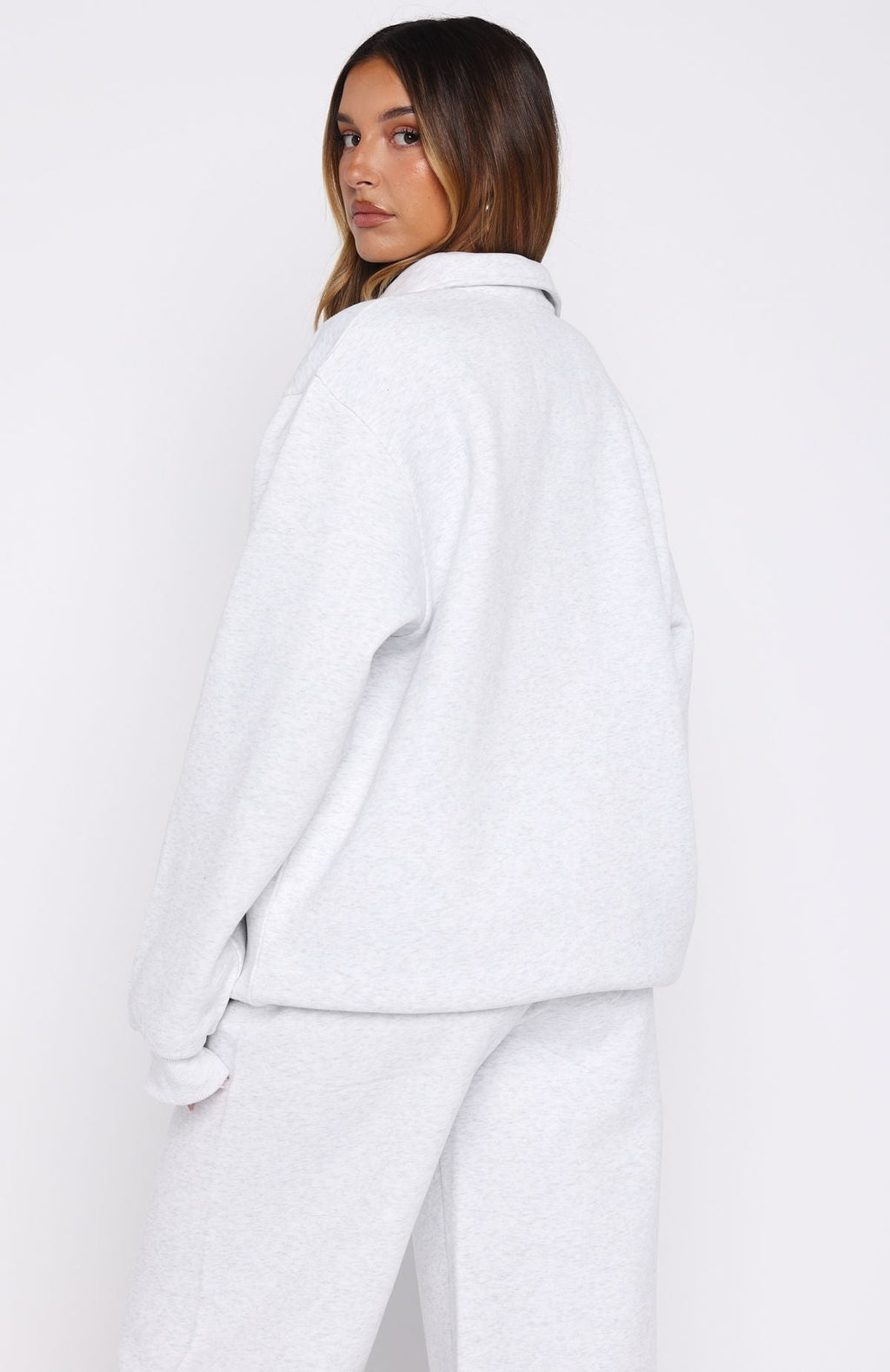 White Fox Chill Moves Oversized Henley Sweater Grey Marle