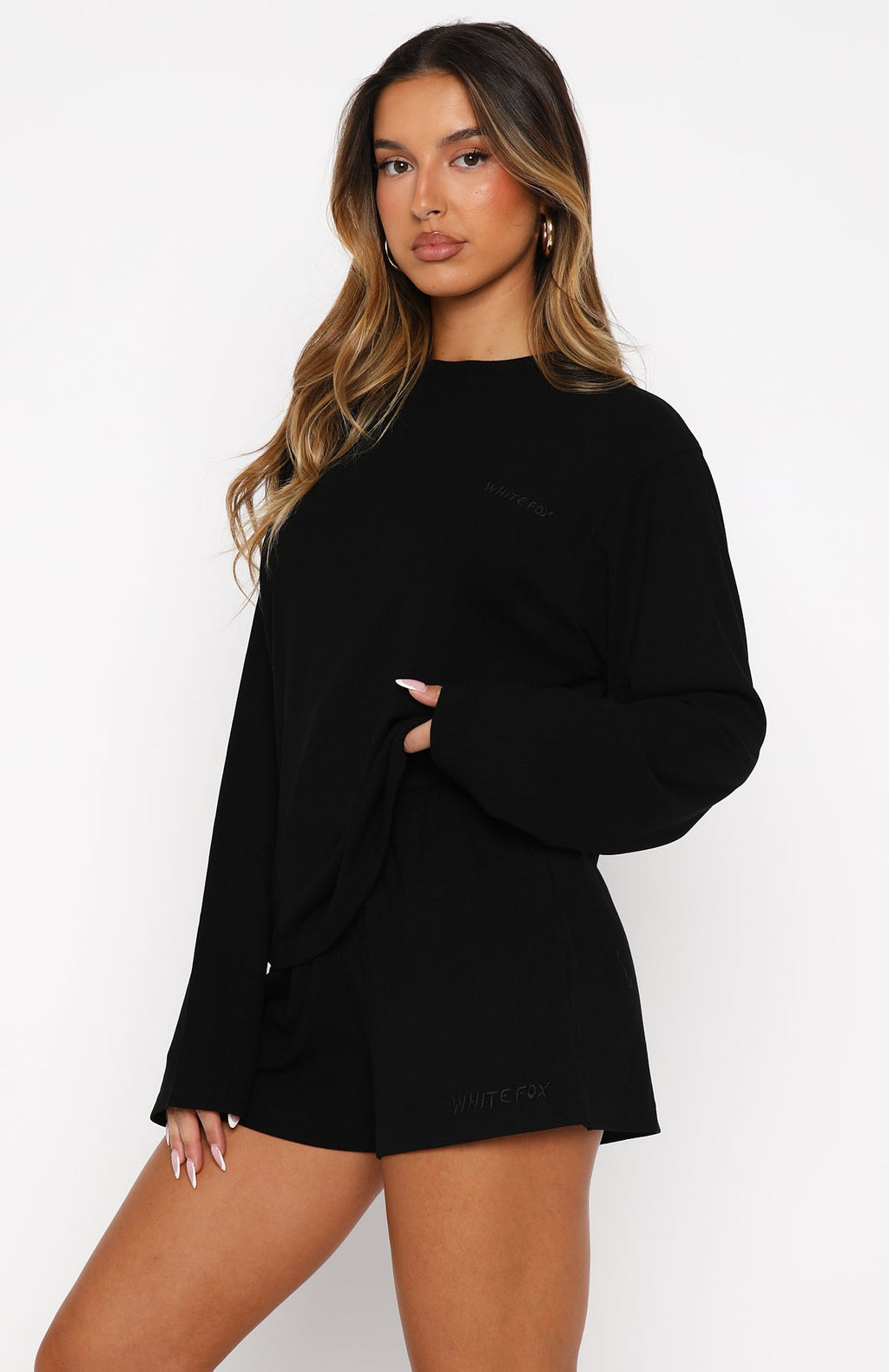 White Fox Come A Long Way Soft Lounge Ribbed Shorts Black