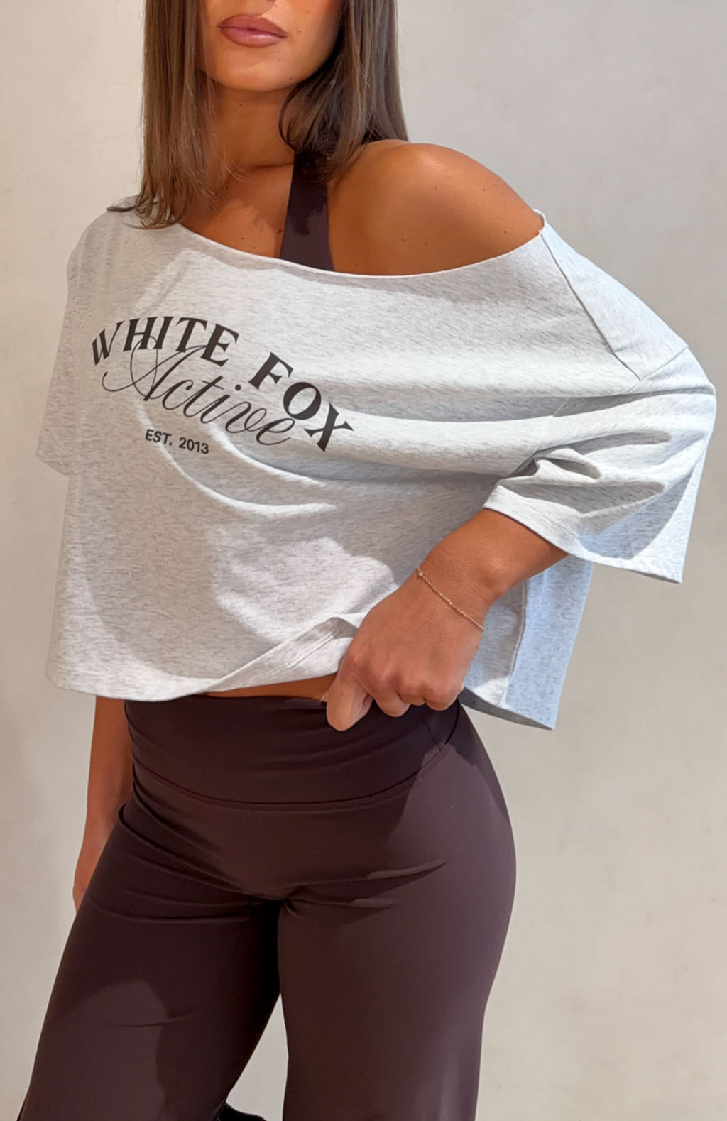 White Fox Far Away Off Shoulder Cropped Tee Grey Marle