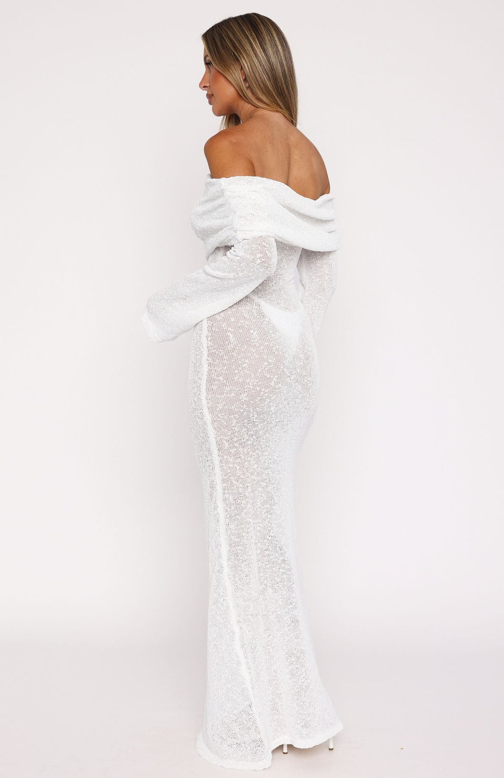 White Fox Made It Out Long Sleeve Boucle Maxi Dress White