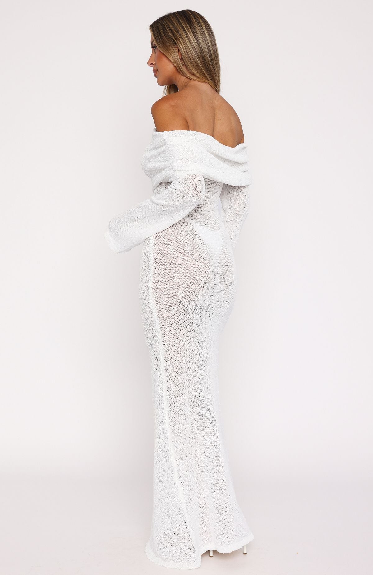 White Fox Made It Out Long Sleeve Boucle Maxi Dress White
