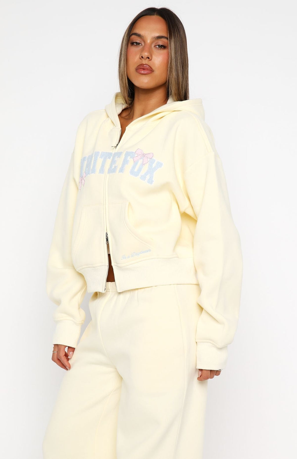 White Fox Daydreamers Madeline Boxy Zip Front Hoodie Lemon