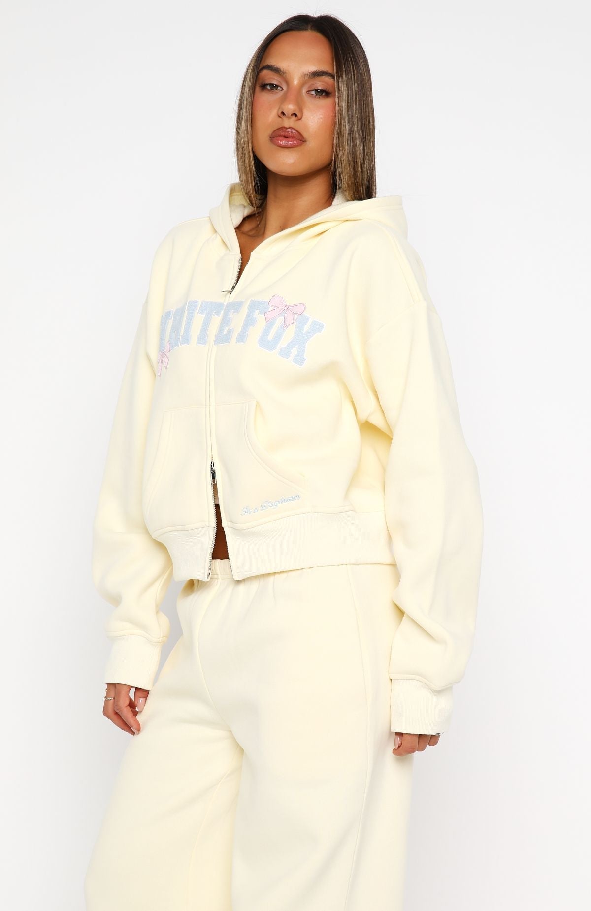 White Fox Daydreamers Madeline Boxy Zip Front Hoodie Lemon