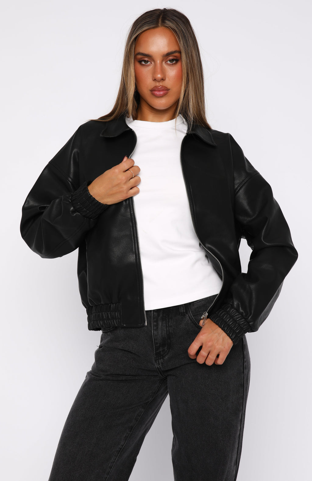 White Fox Might Cause Trouble PU Bomber Jacket Black