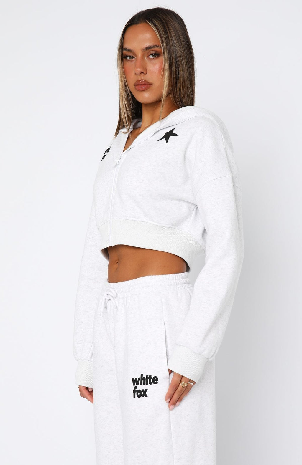 White Fox From The Archives Charli Cropped Zip Front Hoodie Grey Marle
