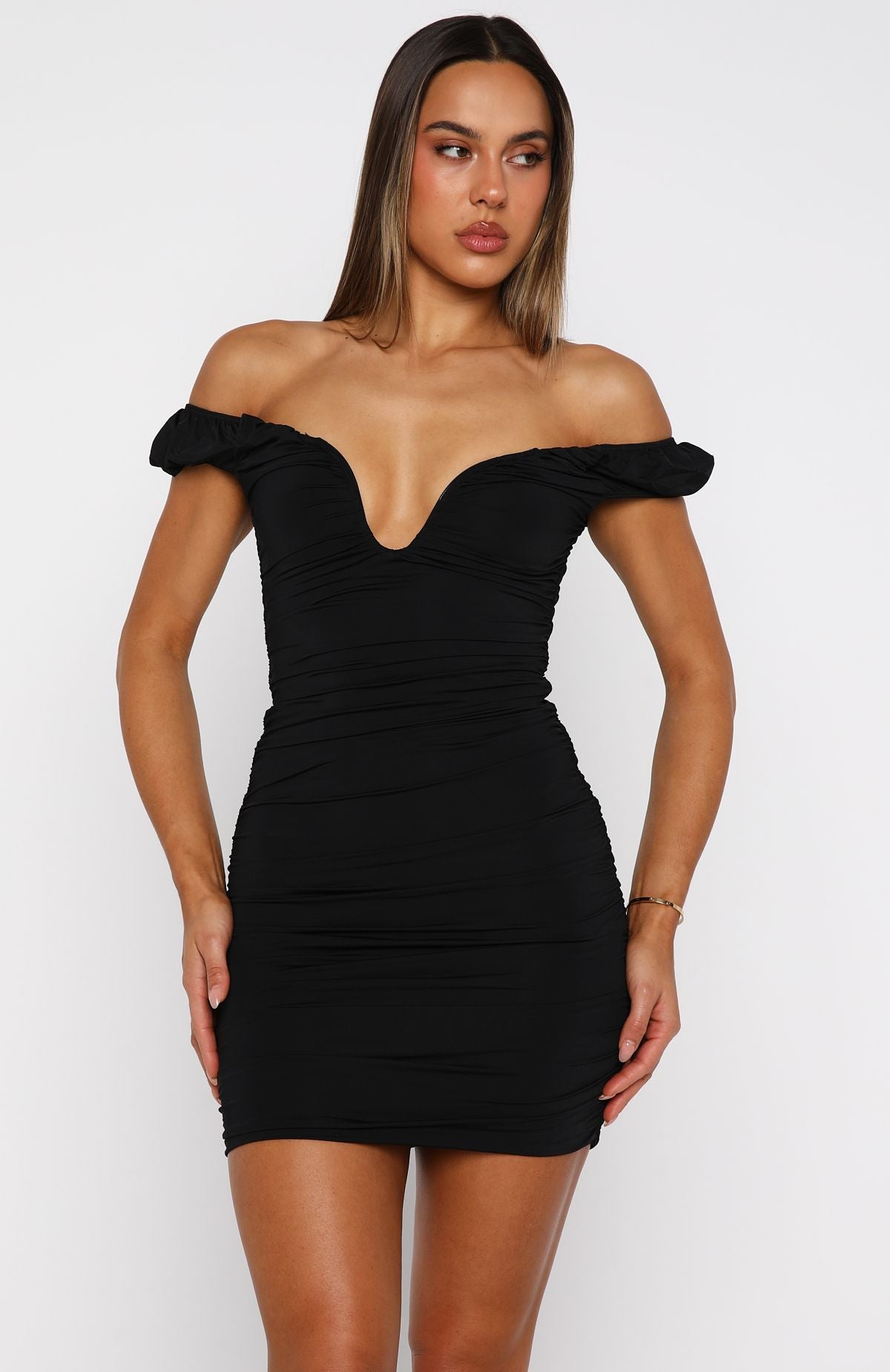 White Fox Wrongs And Rights Off Shoulder Mini Dress Black