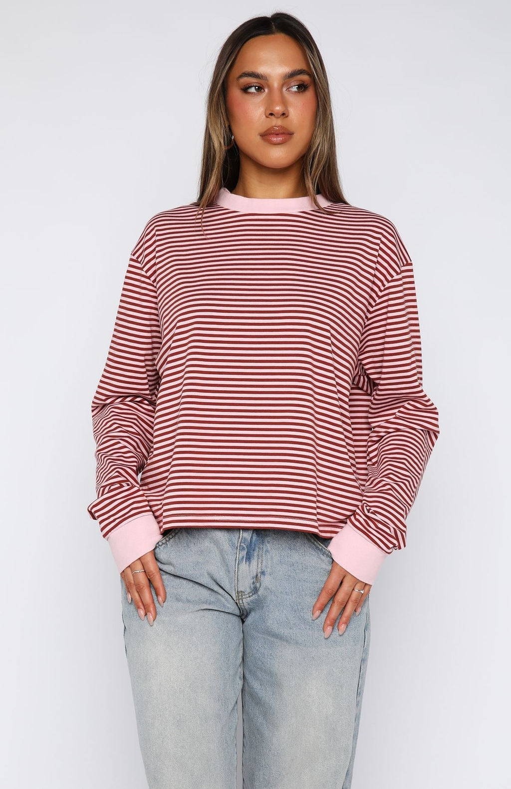 White Fox Touchdown Long Sleeve Tee Pink Stripe