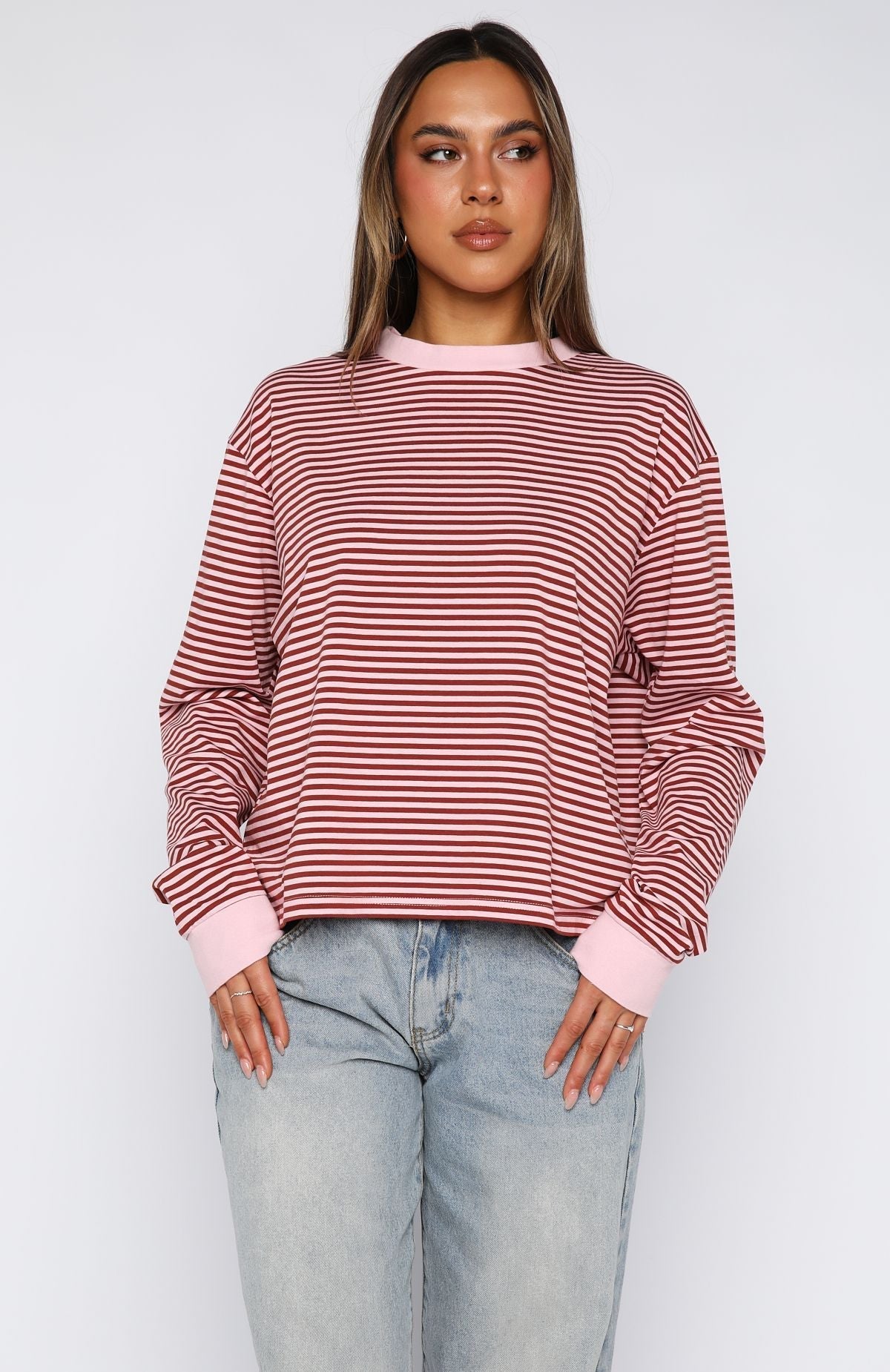 White Fox Touchdown Long Sleeve Tee Pink Stripe