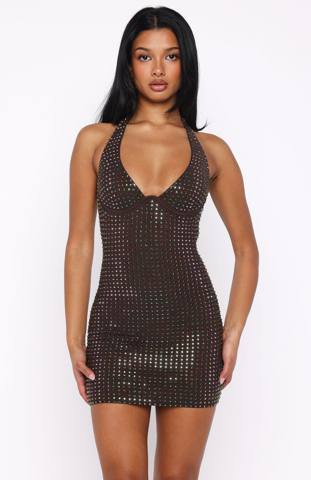 White Fox Full Of Love Embellished Mini Dress Chocolate