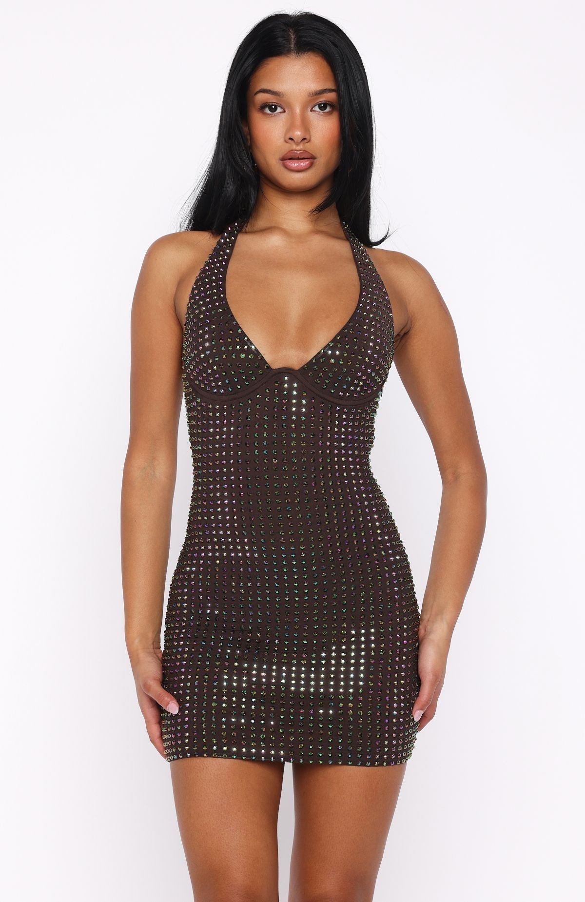 White Fox Full Of Love Embellished Mini Dress Chocolate