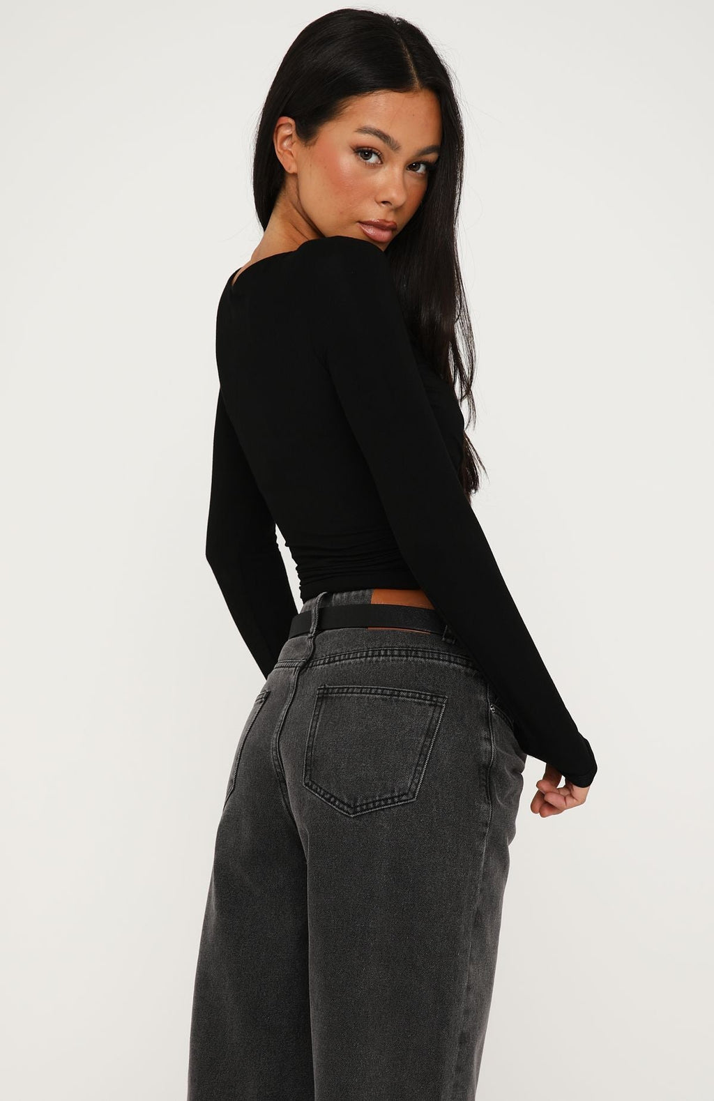White Fox Sparks Fly Cinched Waist Off Shoulder Long Sleeve Top Black
