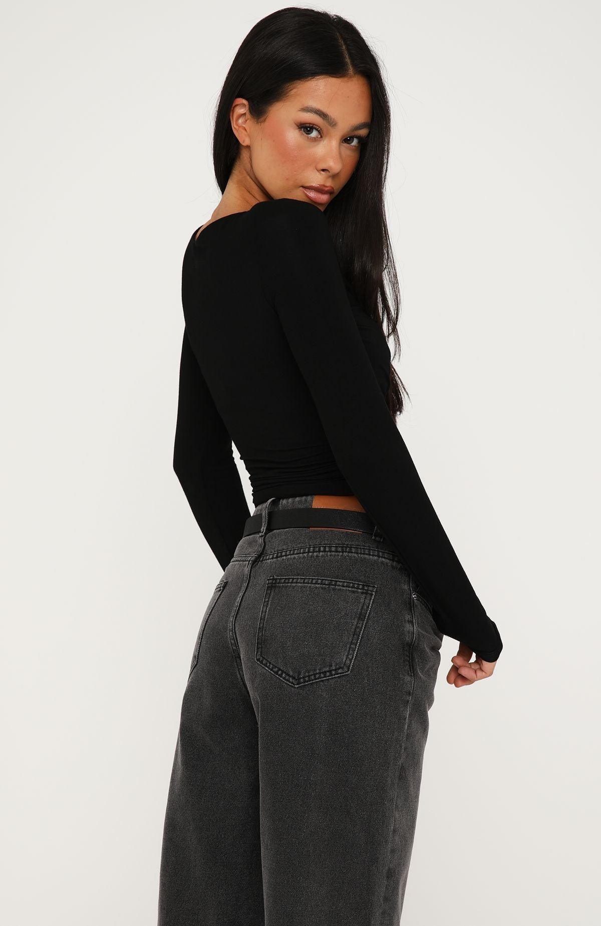 White Fox Sparks Fly Cinched Waist Off Shoulder Long Sleeve Top Black