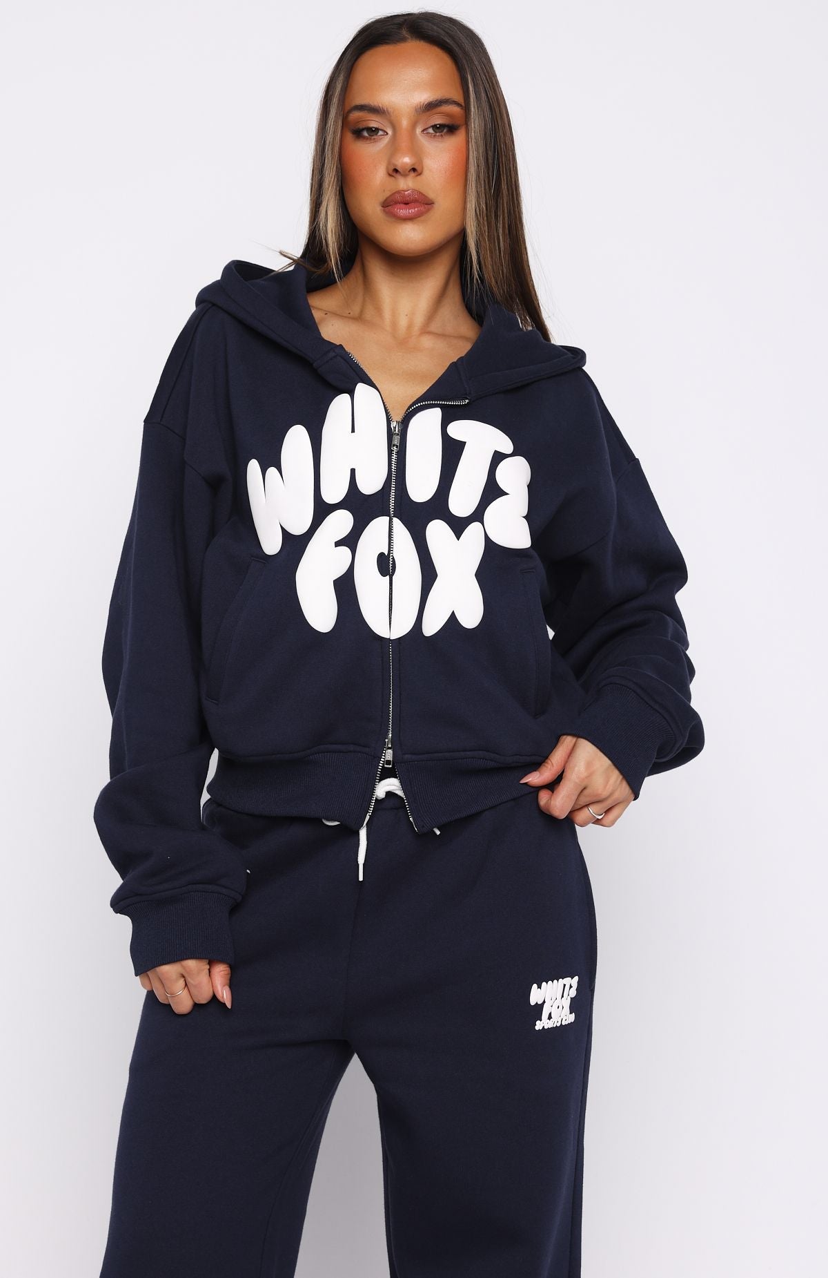 White Fox Club 14 Allie Boxy Zip Front Hoodie Navy