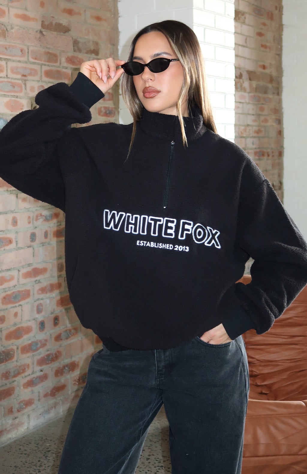 White Fox Hard To Stay Focused Teddy Borg Zip Front Sweater Black