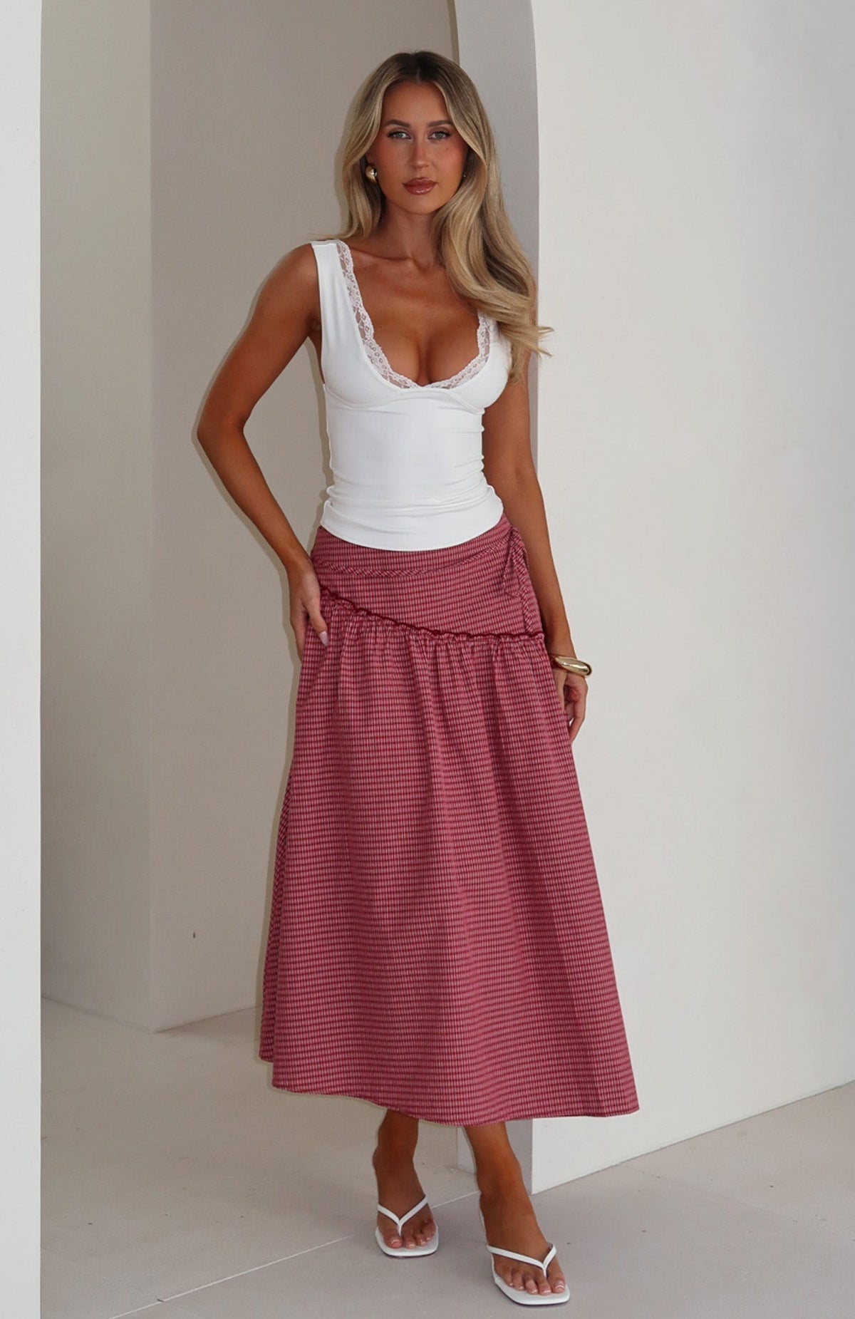 White Fox Feeling Groovy Maxi Skirt Red Gingham
