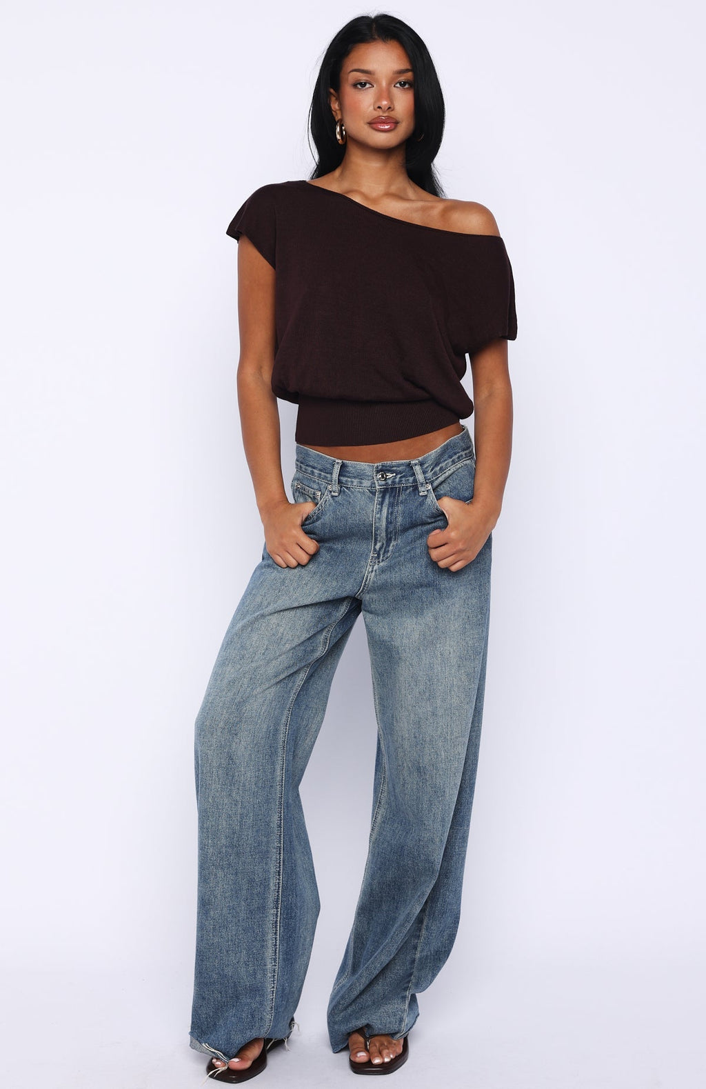 White Fox Can't Change My Mind Off Shoulder Cinched Top Chocolate