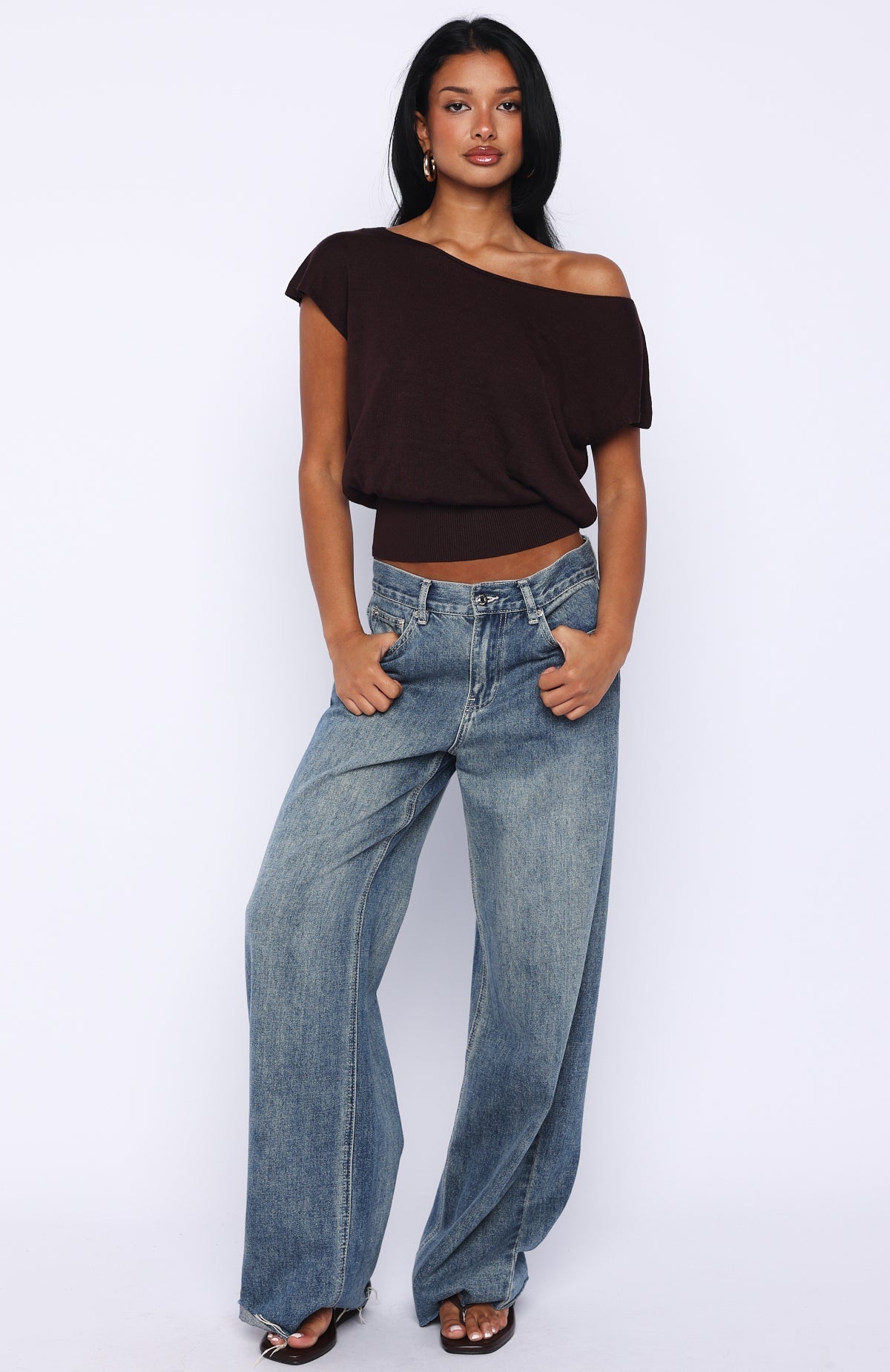 White Fox Can't Change My Mind Off Shoulder Cinched Top Chocolate