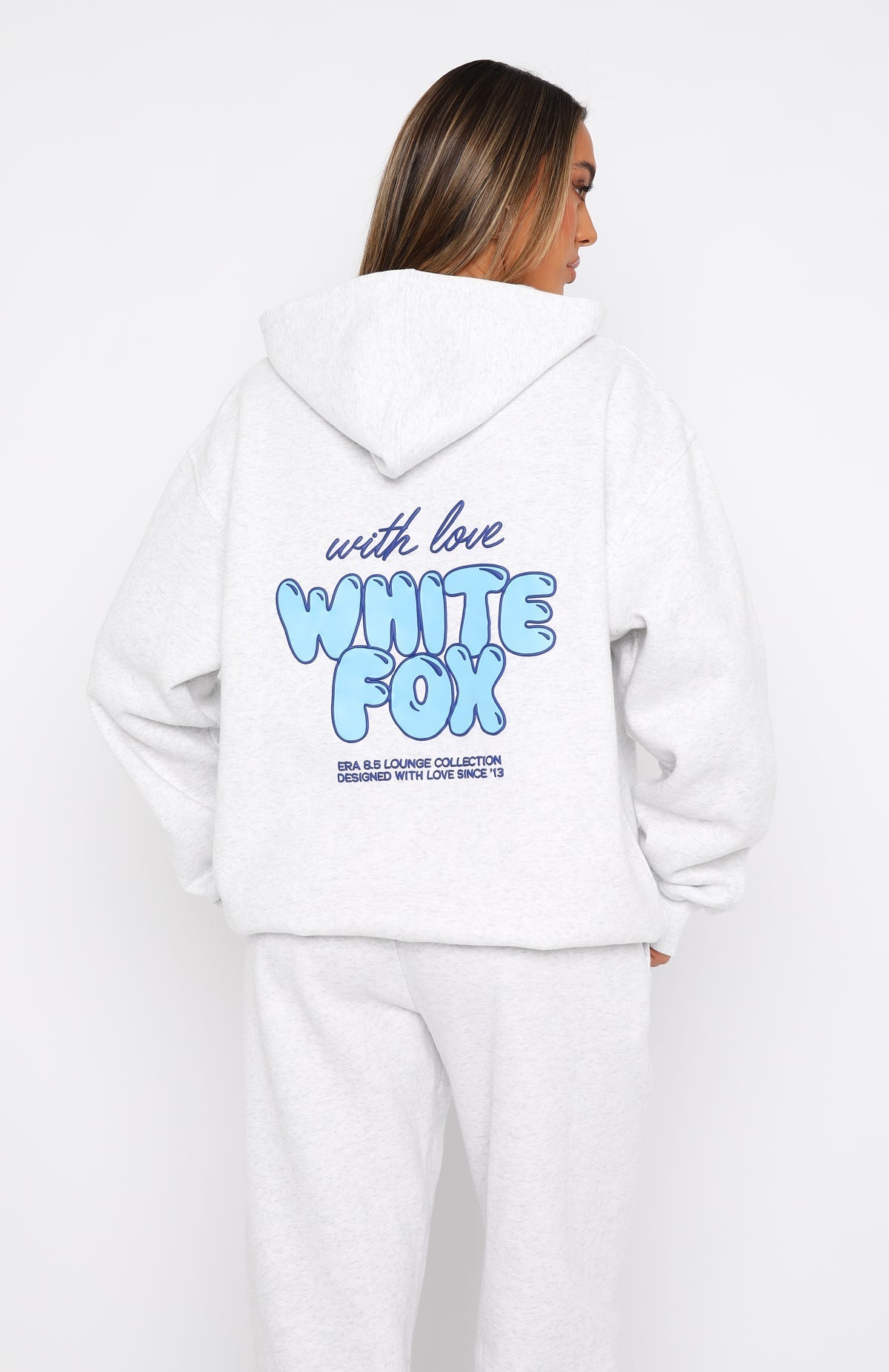 White Fox With Love Always Oversized Hoodie Grey Marle