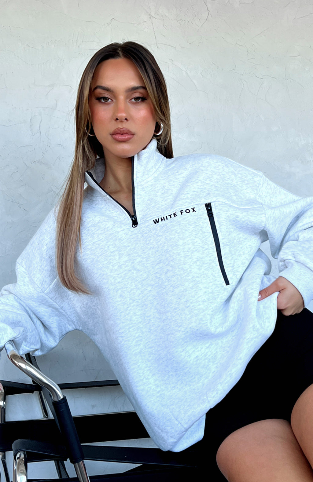 White Fox Where Did You Go Zip Front Sweater Grey Marle