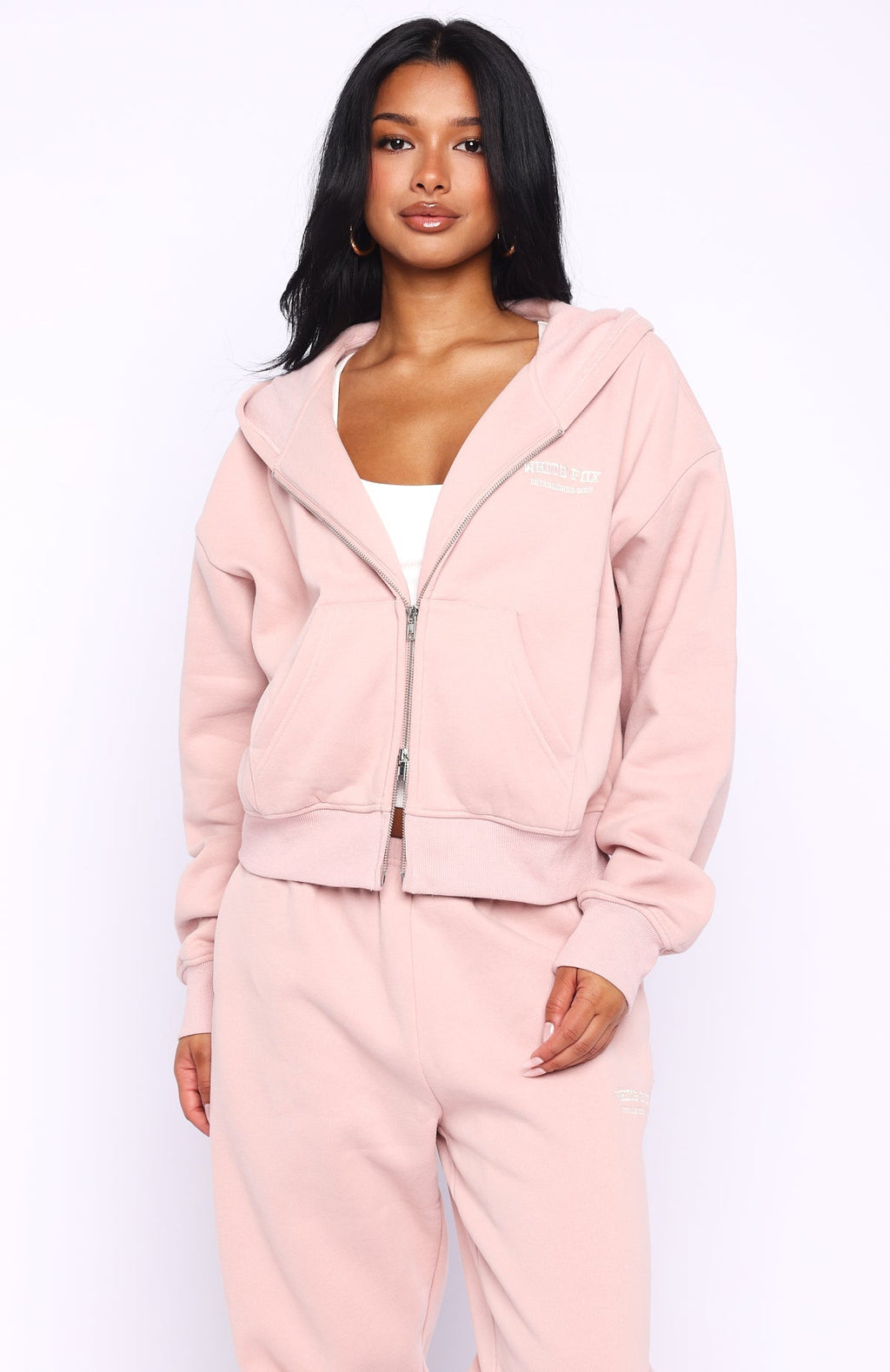 White Fox Can't Miss It Boxy Zip Front Hoodie Dusty Pink