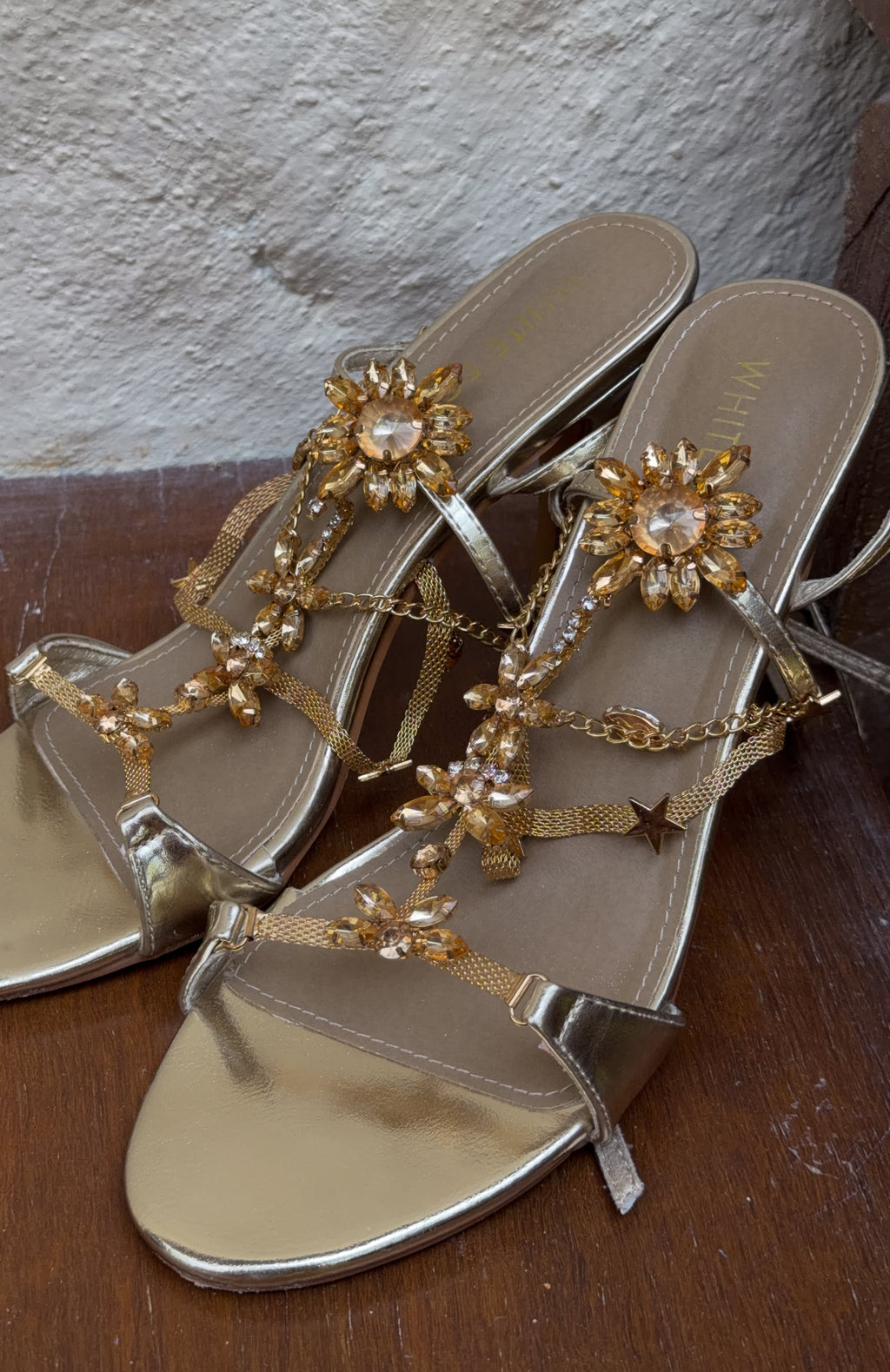 White Fox Chaya Embellished Wrap Heel Champagne