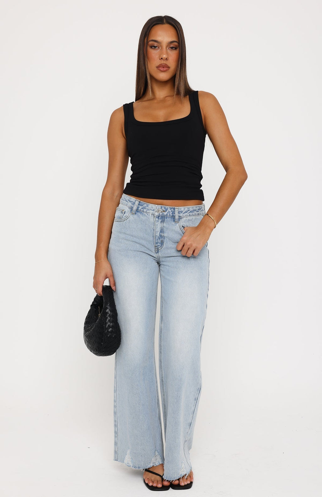 White Fox Big City Dreams Mid Rise Wide Leg Jeans Light Blue Wash