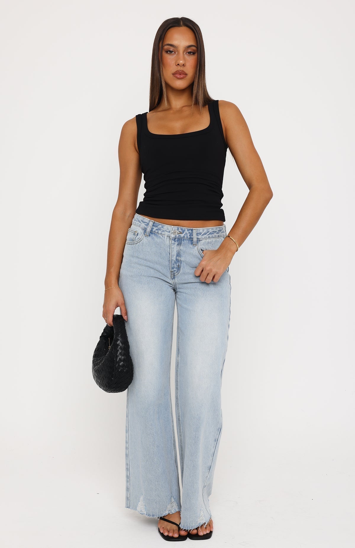 White Fox Big City Dreams Mid Rise Wide Leg Jeans Light Blue Wash