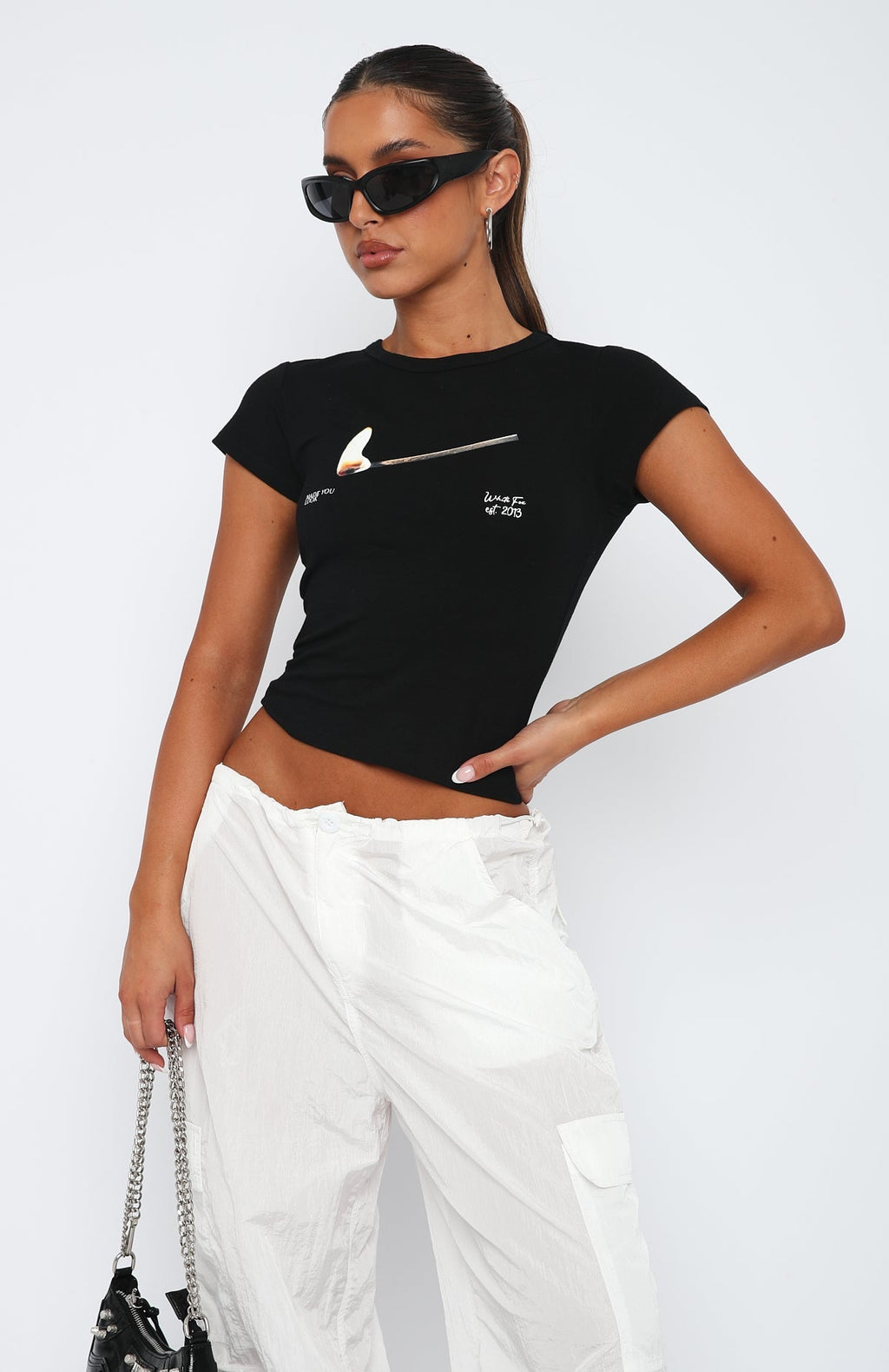 White Fox Running On Flames Baby Tee Black
