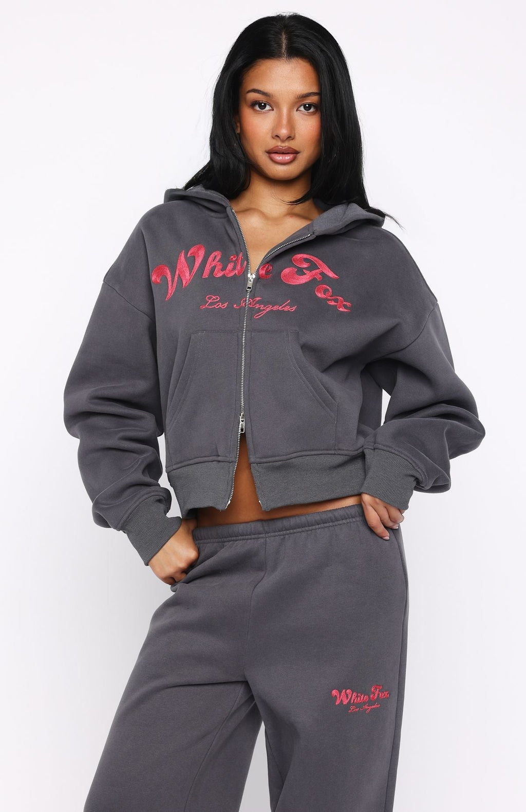 White Fox Through Thick And Thin Boxy Zip Front Hoodie Volcanic