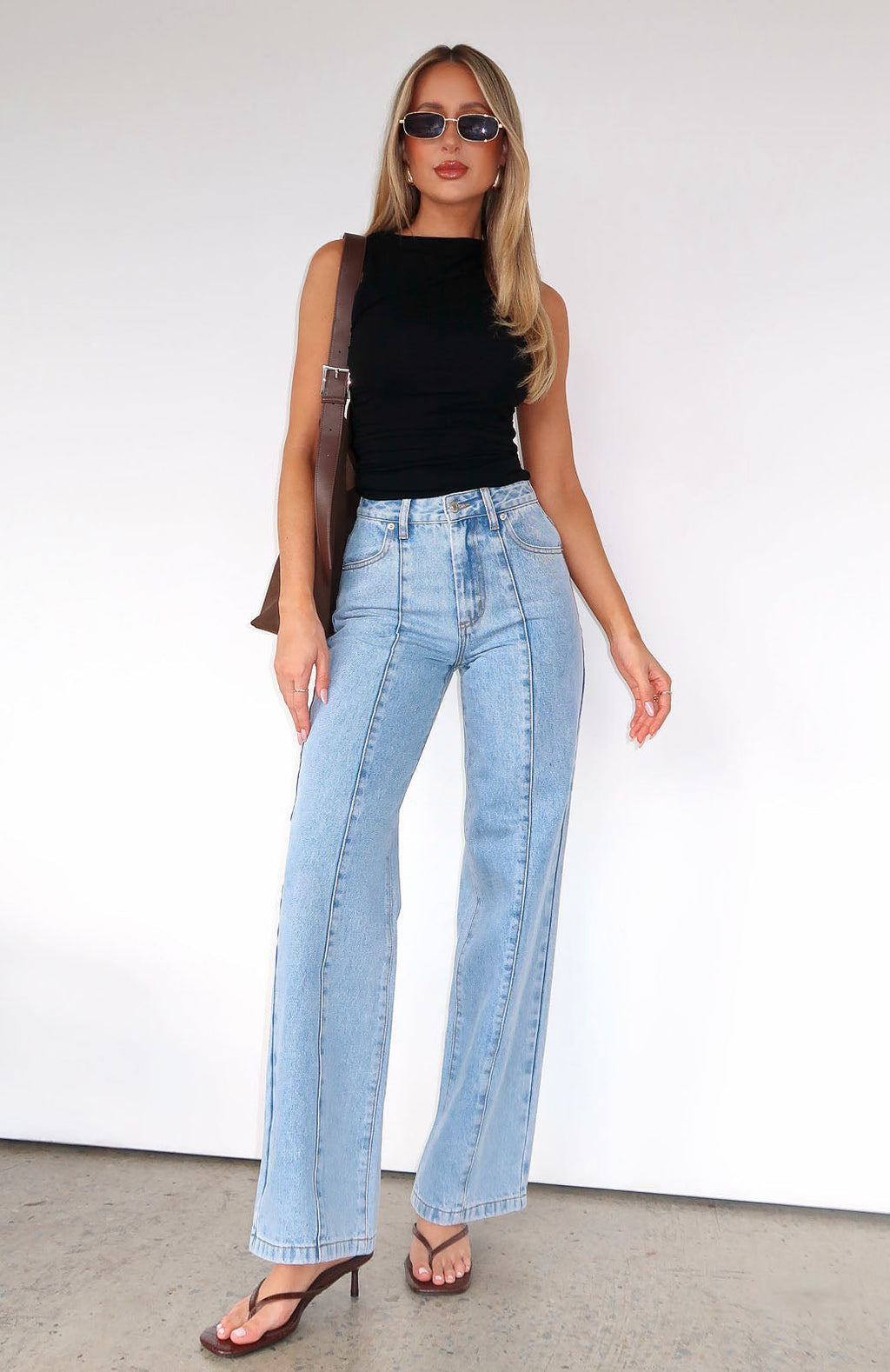 White Fox Layla Mid Rise Straight Leg Jeans Light Blue Wash