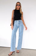 White Fox Layla Mid Rise Straight Leg Jeans Light Blue Wash