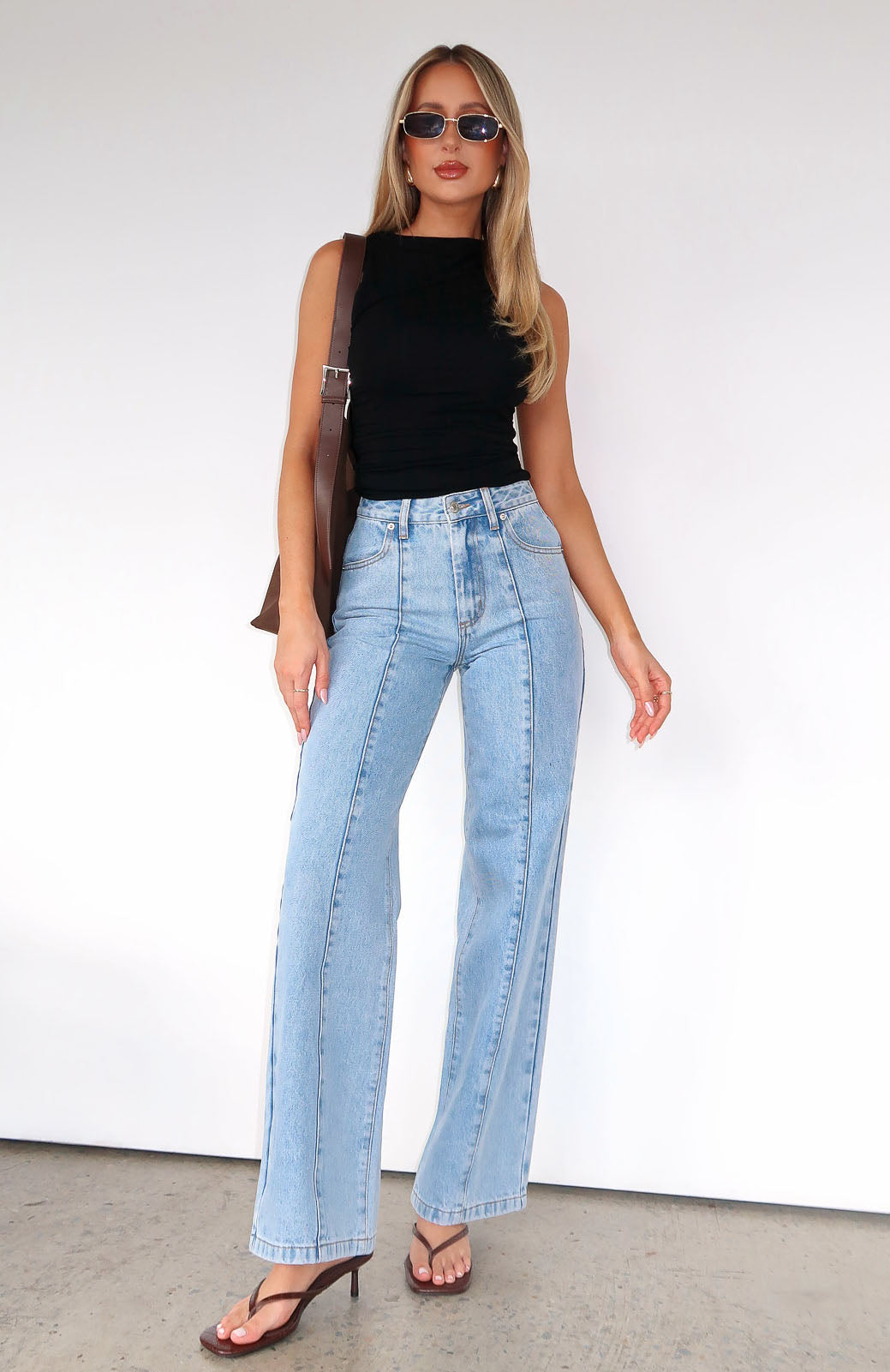White Fox Layla Mid Rise Straight Leg Jeans Light Blue Wash