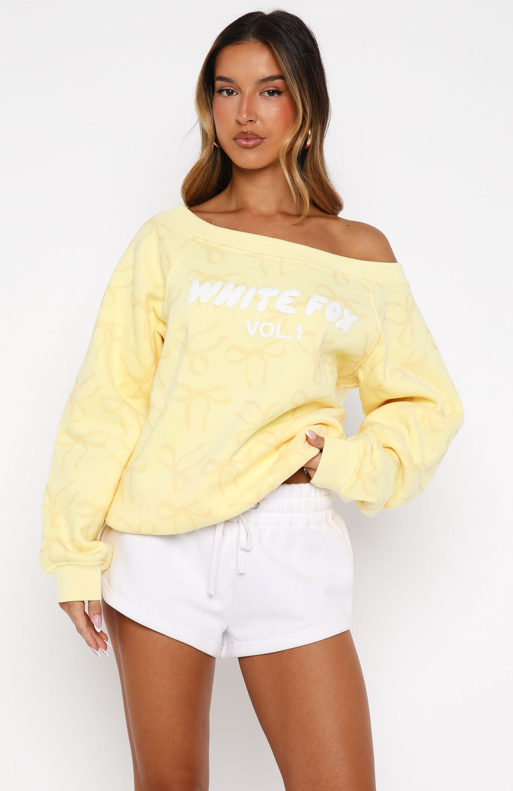 White Fox Vol. 1 Off Shoulder Printed Sweater Lemon Bow